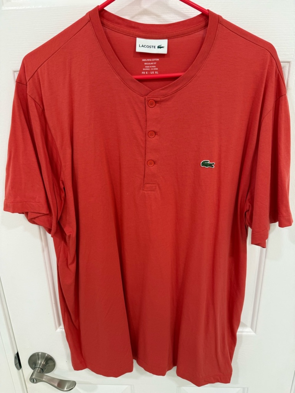 Lacoste Men’s Red Short-Sleeve Henley with Crocodile Logo